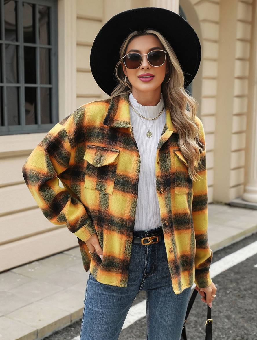 Levoire | Chemise Overshirt Dame Carre Boutons Poches Col À Revers Décontracté Veste Ample Jaune