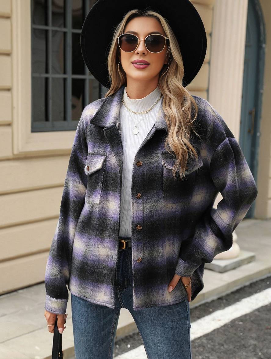 Levoire | Chemise Overshirt Dame Carre Boutons Poches Col À Revers Décontracté Veste Ample Violet