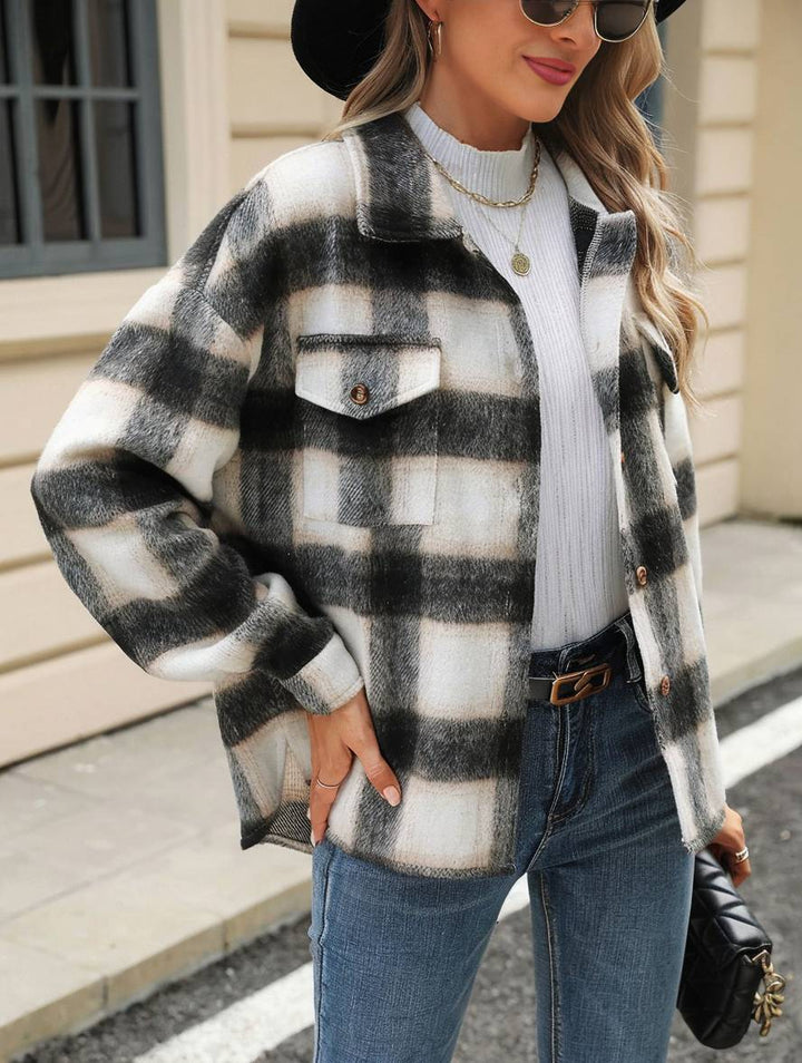Levoire | Chemise Overshirt Dame Carre Boutons Poches Col À Revers Décontracté Veste Ample