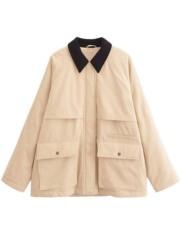 Levoire | Veste Couleur De Frappe Fermeture À Revers Poches Zippées Manches Longues Femmes Décontracté Loose Oversized Blouson