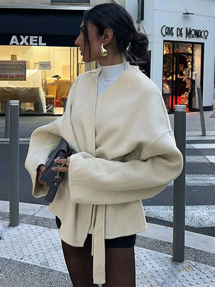 Levoire | Uni Col V Manteau Ceinture Manches Longues Femme Élégant Veste Décontractée Blanc