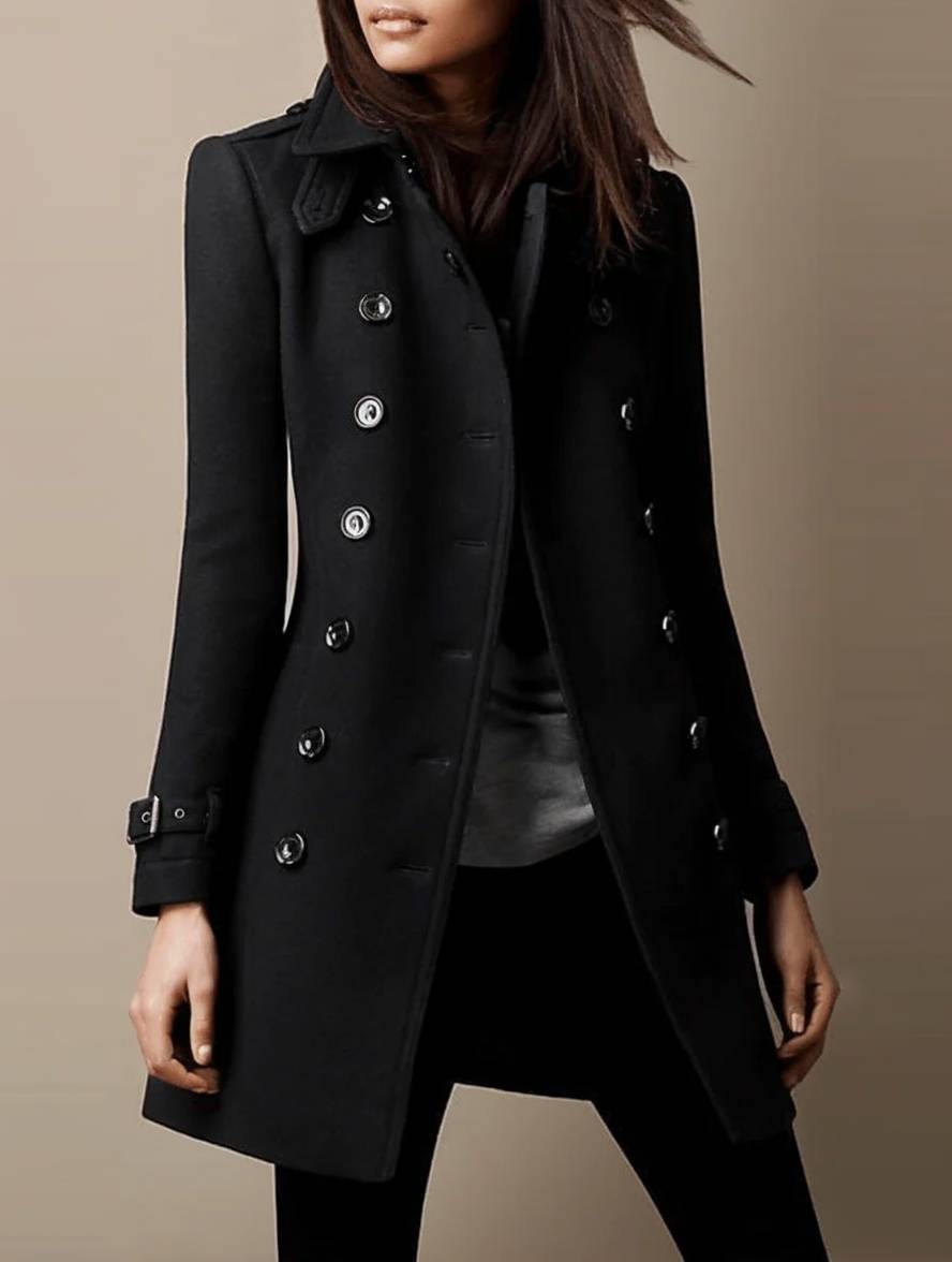 Levoire | Mi-Long Manteau En Laine Officier Double Boutonnage Col Revers Manches Longues Femmes Élégant Hiver Caban Noir
