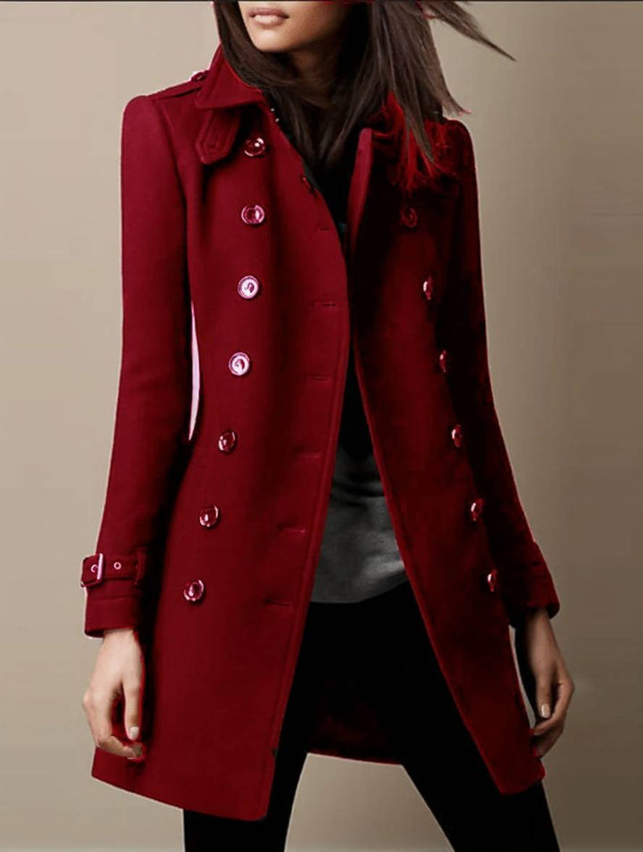 Levoire | Mi-Long Manteau En Laine Officier Double Boutonnage Col Revers Manches Longues Femmes Élégant Hiver Caban Bordeaux