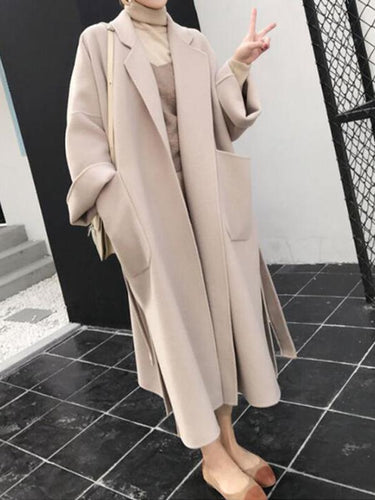Levoire | Manteau Long En Laine Avec Fente Latérale Ceinture Femme Veste Abricot