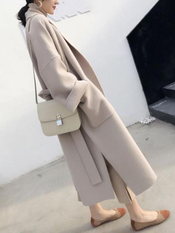 Levoire | Manteau Long En Laine Avec Fente Latérale Ceinture Femme Veste Abricot