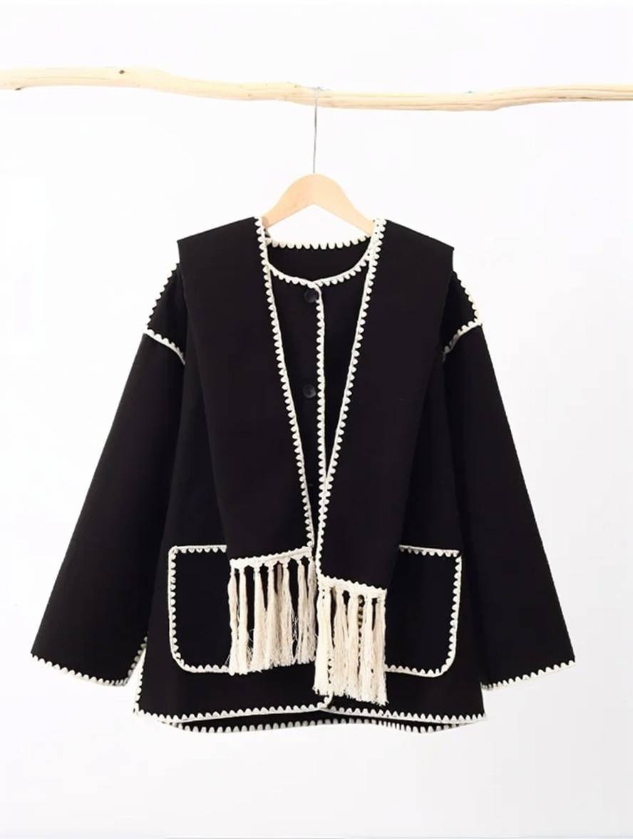 Levoire | Manteau En Laine Avec Franges, Fermeture À Boutons, Poches, Col Rond, Manches Longues, Dames, Élégant, Large, Manteau D'Hiver