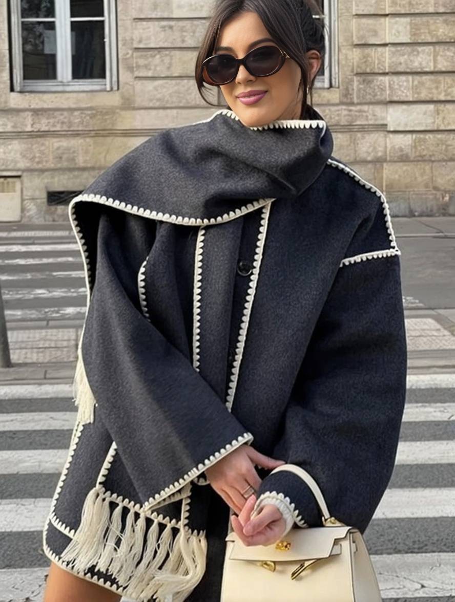 Levoire | Manteau En Laine Avec Franges, Fermeture À Boutons, Poches, Col Rond, Manches Longues, Dames, Élégant, Large, Manteau D'Hiver