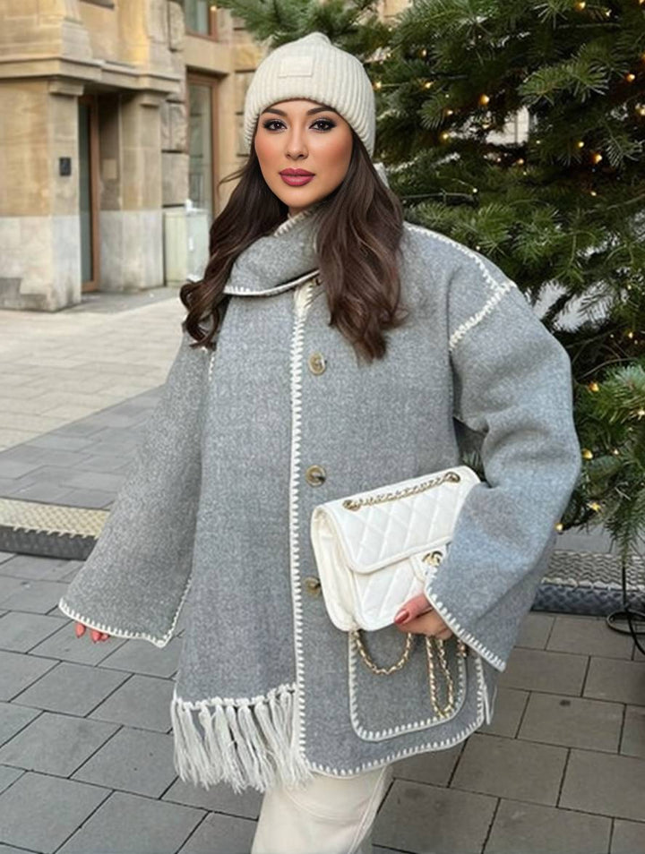Levoire | Manteau En Laine Avec Franges, Fermeture À Boutons, Poches, Col Rond, Manches Longues, Dames, Élégant, Large, Manteau D'Hiver Gris clair