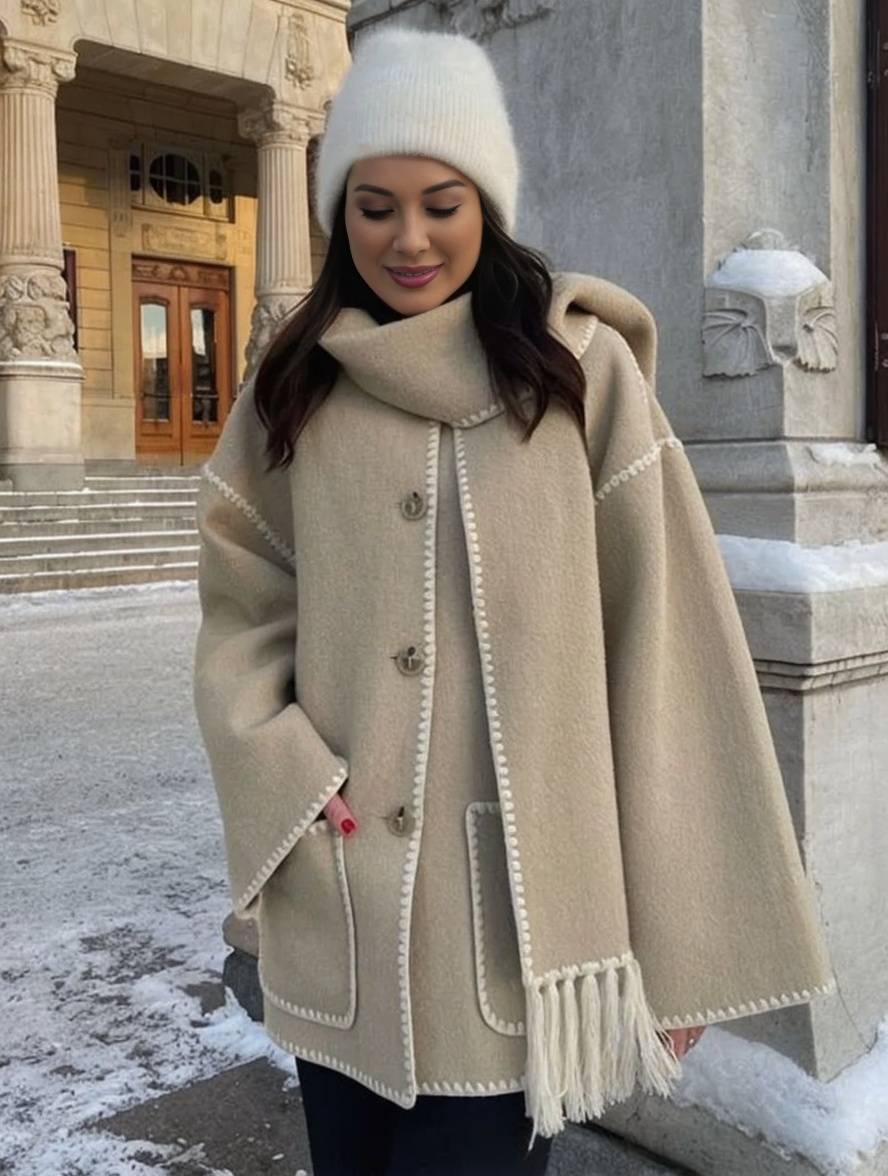 Levoire | Manteau En Laine Avec Franges, Fermeture À Boutons, Poches, Col Rond, Manches Longues, Dames, Élégant, Large, Manteau D'Hiver Khaki