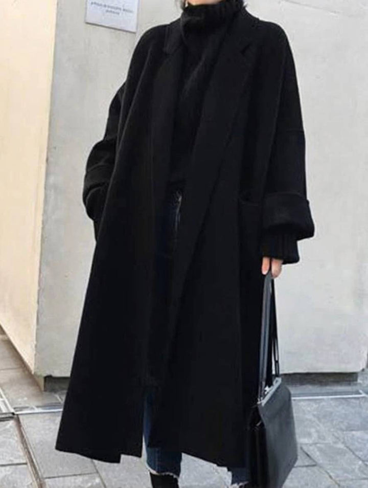 Levoire | Manteau Long En Laine Avec Fente Latérale Ceinture Oversized Femme Veste Élégante Noir