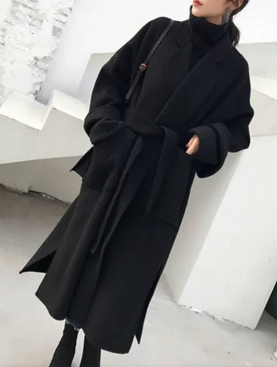 Levoire | Manteau Long En Laine Avec Fente Latérale Ceinture Oversized Femme Veste Élégante