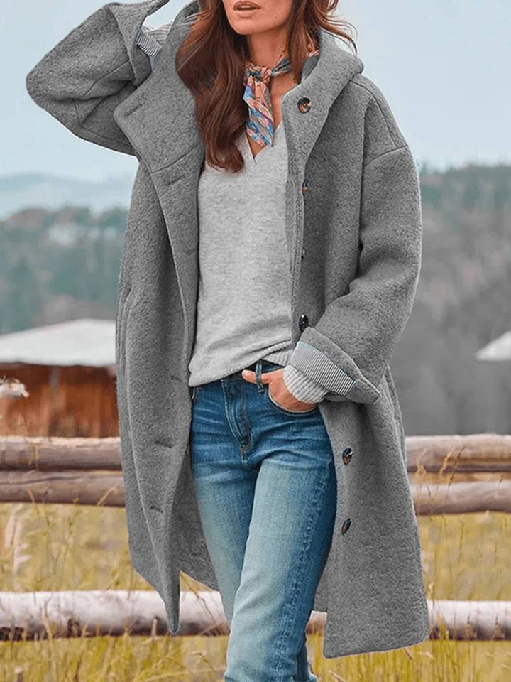 Levoire | Manteau En Laine Mi-Long Avec Capuche, Fermeture À Boutons, Poches, Manches Longues, Féminin, Oversize, Décontracté, Gras Gris