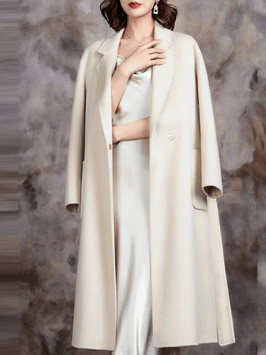 Levoire | Manteau Plus Long En Laine Coton Poches Ceinture Col À Revers Manches Longues Femme Décontracté Large Veste