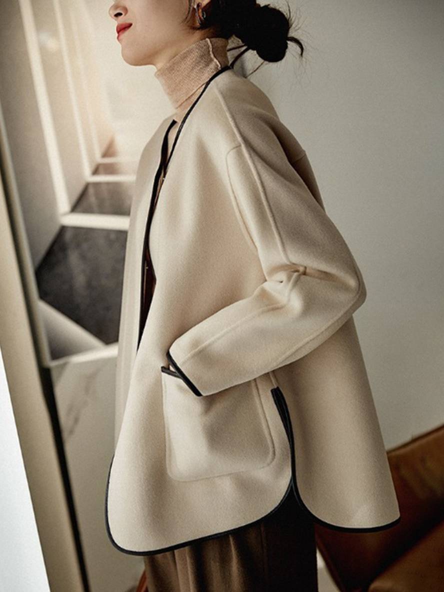 Levoire | Manteau Court En Laine Poches Col Rond Manches Longues Femme Mode Élégante Veste