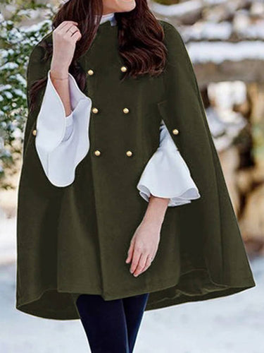 Levoire | Manteau Poncho Pour Femmes En Laine À Double Boutonnage À Manches Longues Cape Élégante Vert Armée
