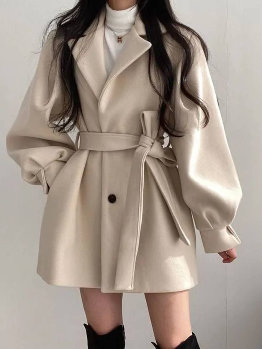 Levoire | Mi-Long Manteau En Laine Ceinture Bouton Poches Manches Bouffantes Dames Élégant Oversize Hiver Veste Vêtements Beige