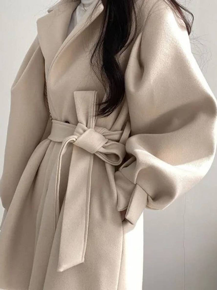 Levoire | Mi-Long Manteau En Laine Ceinture Bouton Poches Manches Bouffantes Dames Élégant Oversize Hiver Veste Vêtements