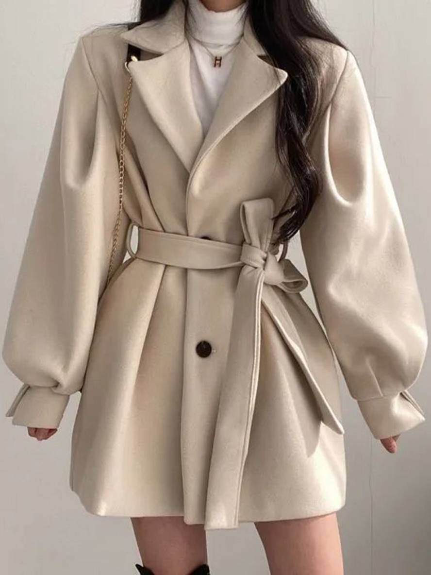 Levoire | Mi-Long Manteau En Laine Ceinture Bouton Poches Manches Bouffantes Dames Élégant Oversize Hiver Veste Vêtements