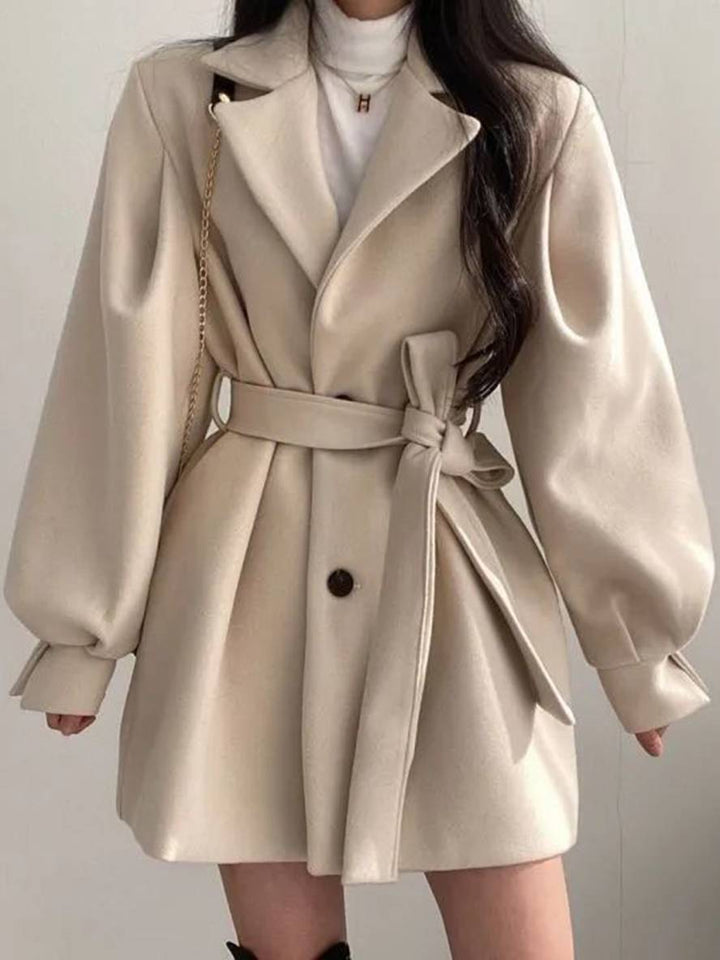 Levoire | Mi-Long Manteau En Laine Ceinture Bouton Poches Manches Bouffantes Dames Élégant Oversize Hiver Veste Vêtements