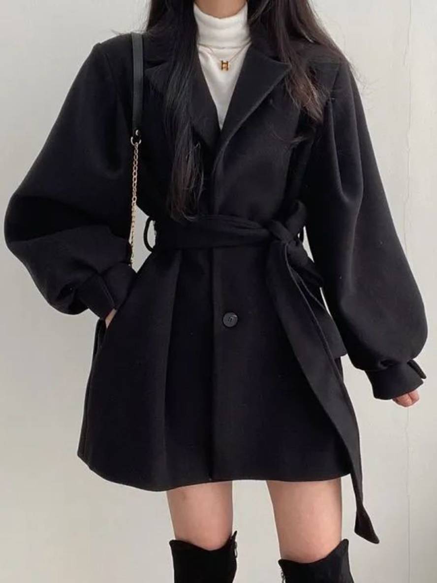 Levoire | Mi-Long Manteau En Laine Ceinture Bouton Poches Manches Bouffantes Dames Élégant Oversize Hiver Veste Vêtements Noir