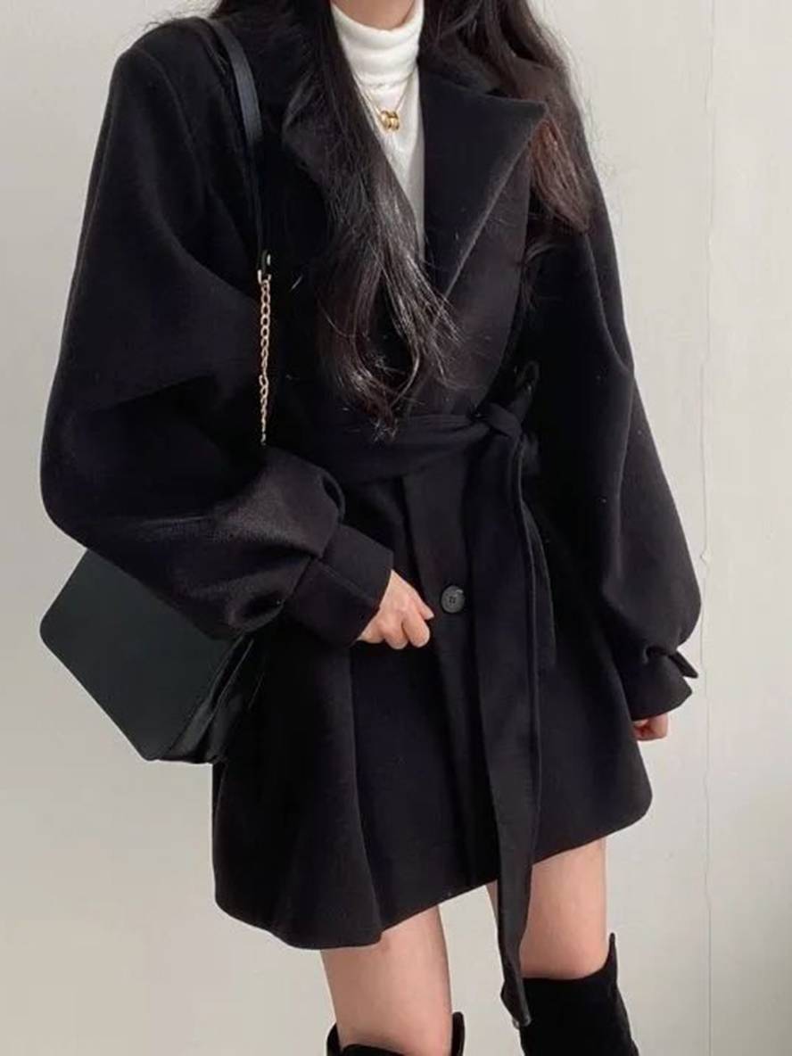 Levoire | Mi-Long Manteau En Laine Ceinture Bouton Poches Manches Bouffantes Dames Élégant Oversize Hiver Veste Vêtements