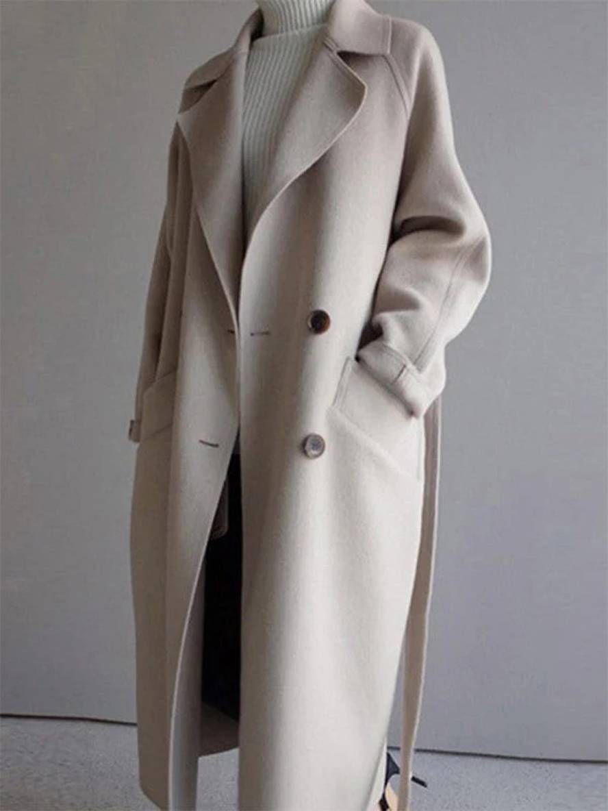 Levoire | Manteau En Laine Long Avec Fermeture À Double Bouton Poches Ceinture Décolleté V Dames Élégant Caban Beige