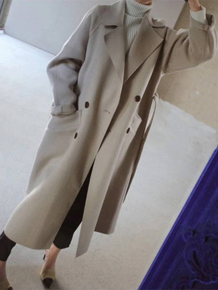 Levoire | Manteau En Laine Long Avec Fermeture À Double Bouton Poches Ceinture Décolleté V Dames Élégant Caban