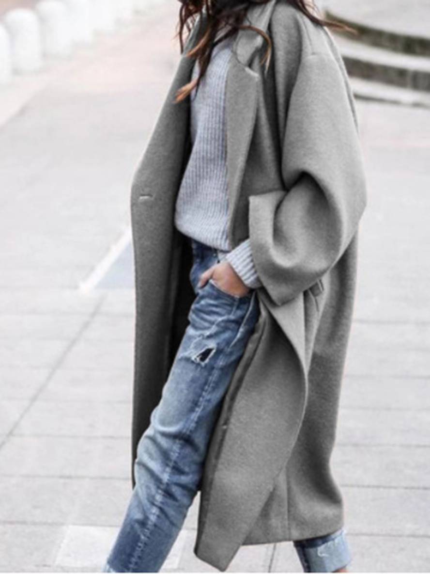 Levoire | Manteau En Laine Plus Long Avec Boutons Poches Col Revers Manches Longues Mode Élégante Femmes Manteau D'Hiver Gris