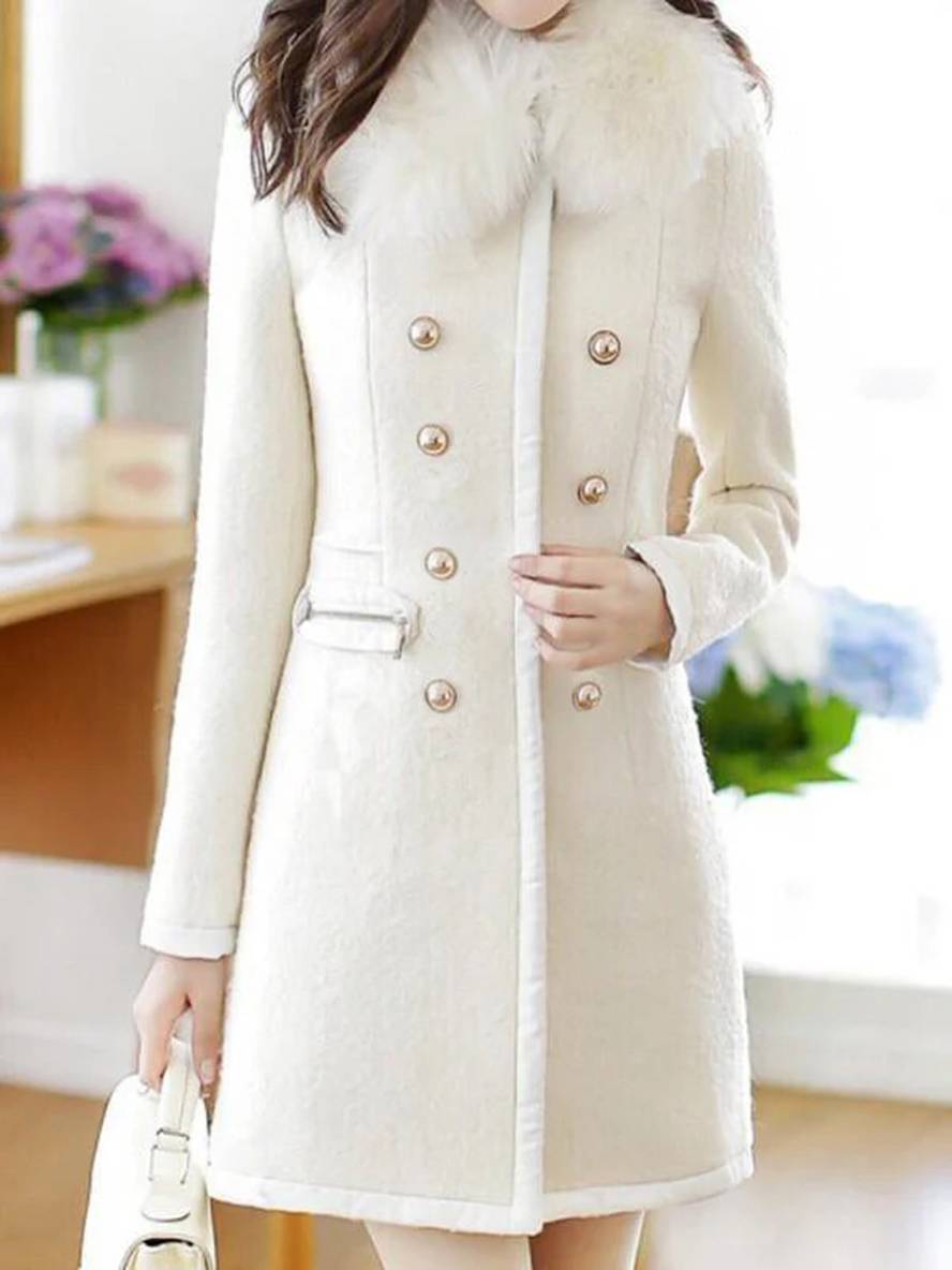 Levoire | Manteau En Laine À Double Boutonnage Col En Fausse Fourrure Femme Veste Caban Blanche Blanc