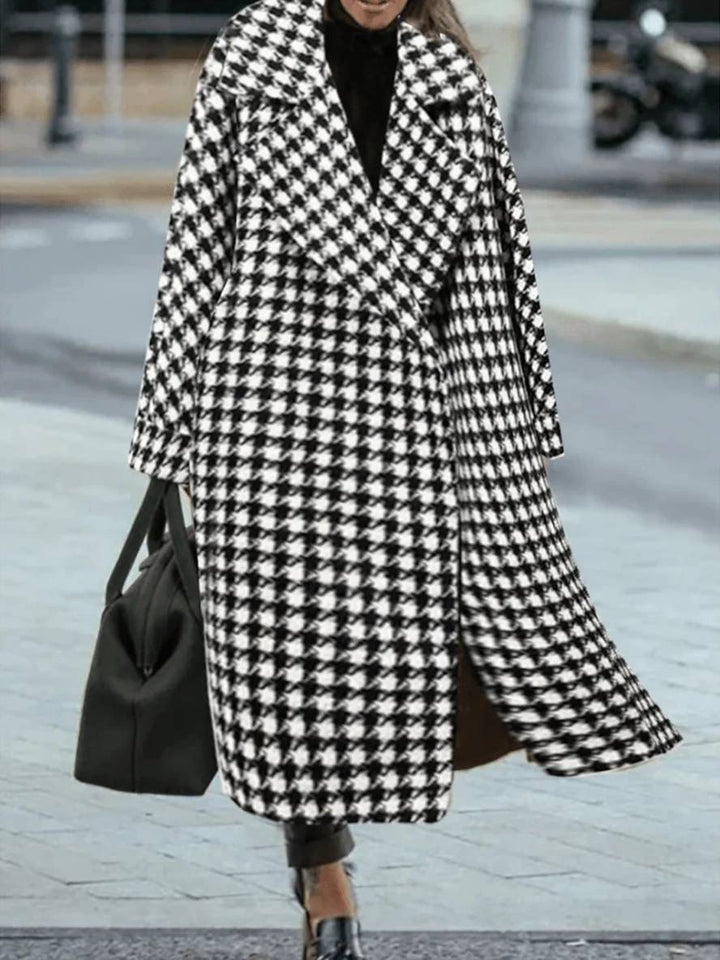 Levoire | Manteau Long En Motif Écossais En Laine Poches Chaudes Femmes Élégant Ample Décontracté Vêtements D'Hiver Noir