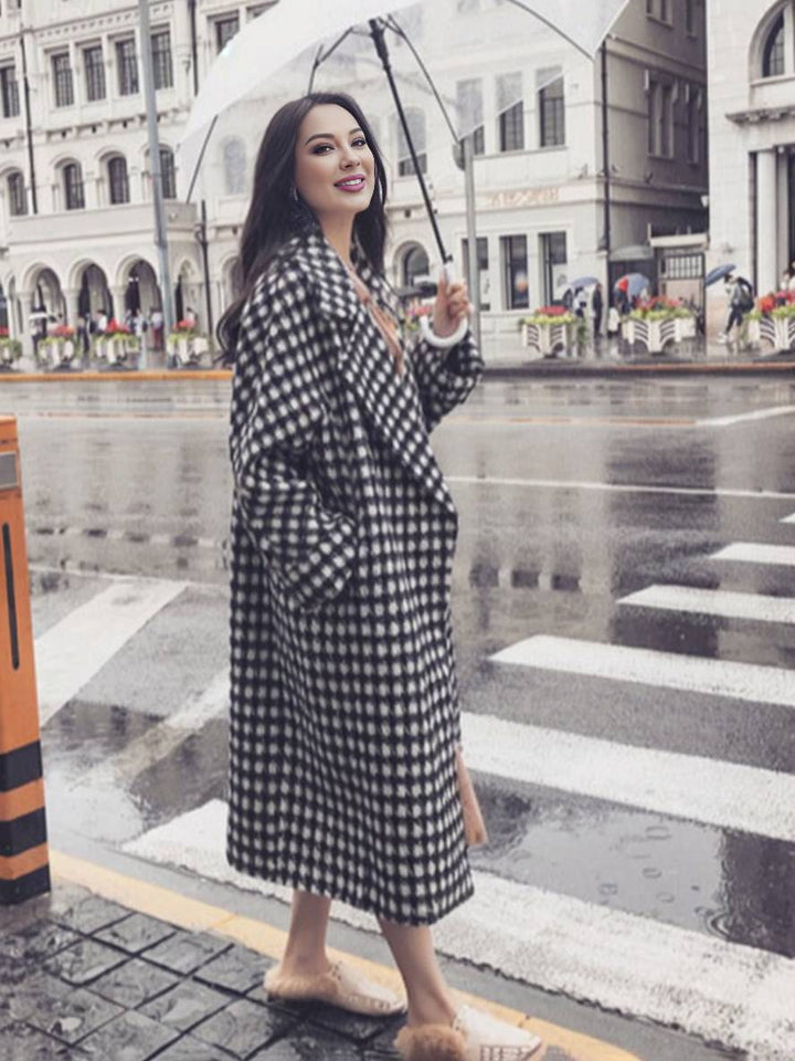 Levoire | Manteau Long En Motif Écossais En Laine Poches Chaudes Femmes Élégant Ample Décontracté Vêtements D'Hiver