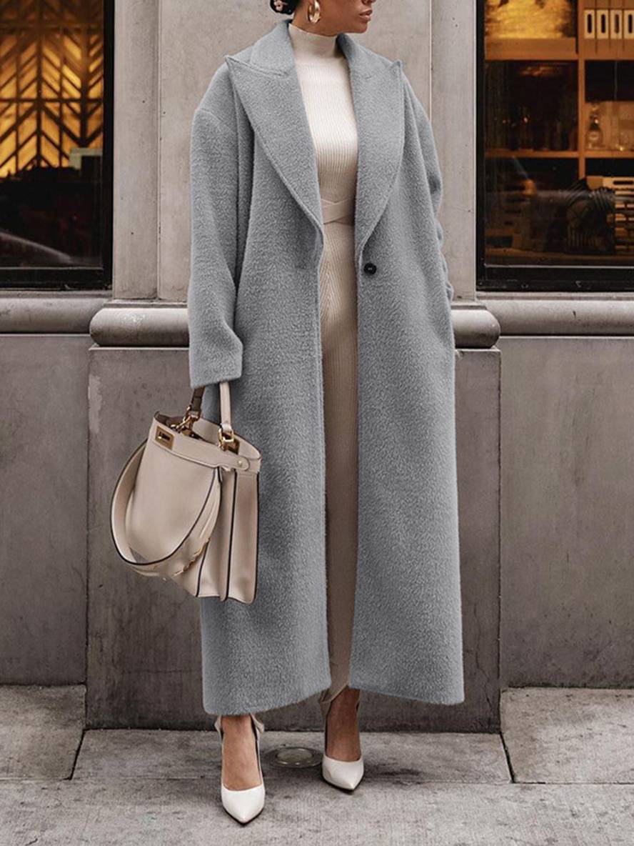 Levoire | Manteau Long Uni En Laine Boutons Poches Col À Revers Femme Mode Élégante Large Manteau D'Hiver Gris