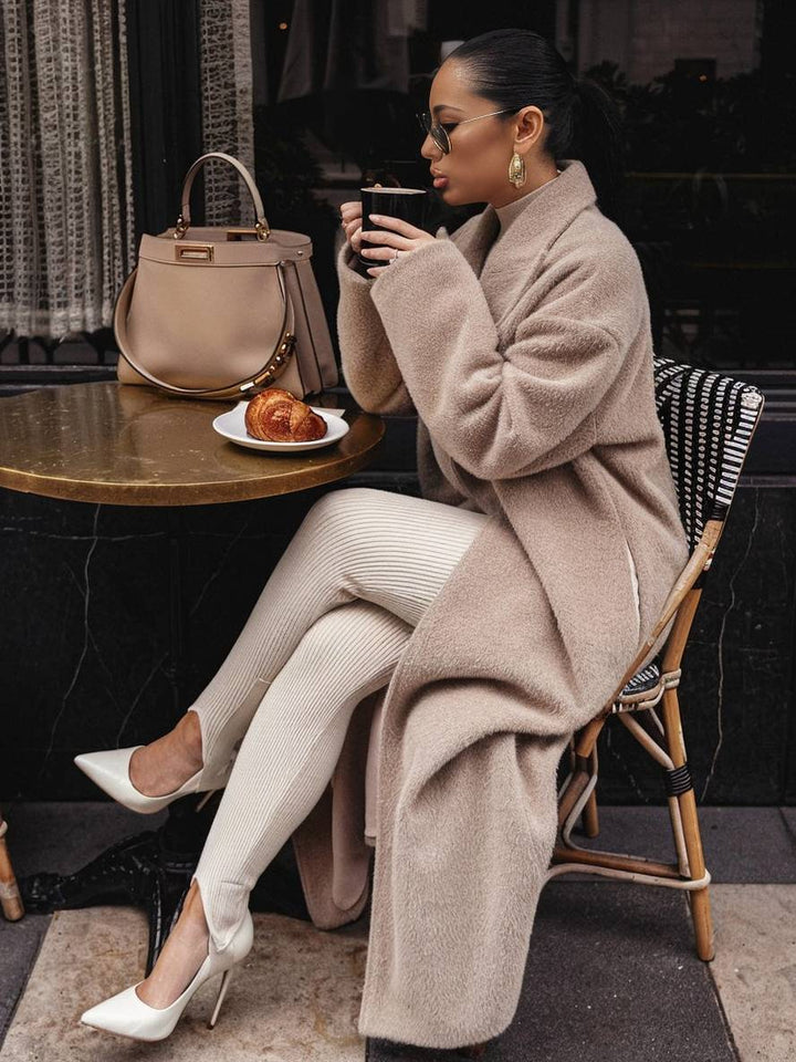 Levoire | Manteau Long Uni En Laine Boutons Poches Col À Revers Femme Mode Élégante Large Manteau D'Hiver