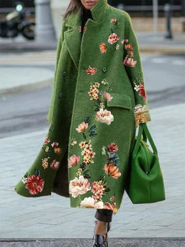 Levoire | Manteau Floral Long À Double Bouton Avec Poches Revers À Manches Longues Pour Femmes, Élégante Veste De Mode
