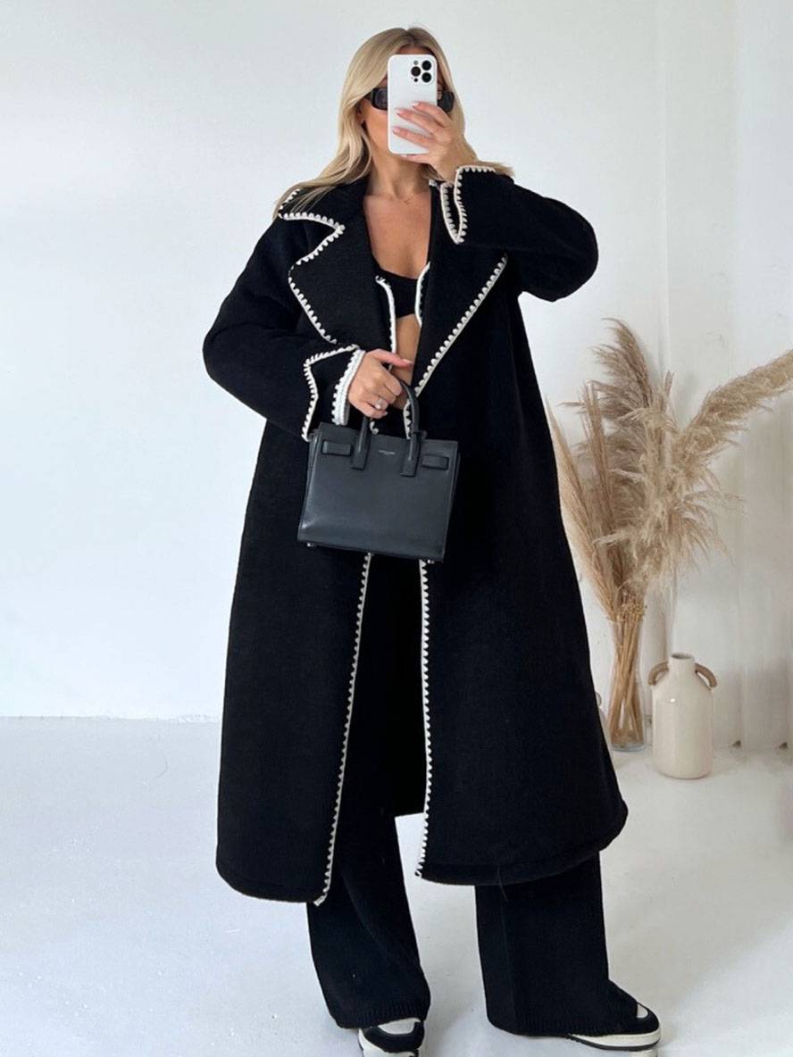 Levoire | Manteau En Laine Plus Long Avec Revers Manches Longues Femme Élégant Vaste Veste Oversized Noir