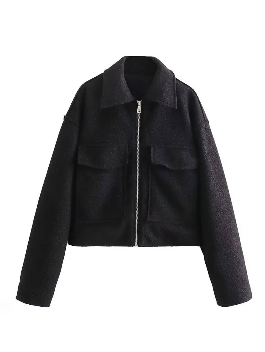 Levoire | Veste Courte Unie À Col Revers Fermeture Éclair Poches Manches Longues Femmes Élégante Décontractée Manteau