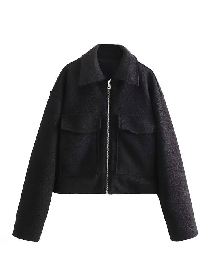 Levoire | Veste Courte Unie À Col Revers Fermeture Éclair Poches Manches Longues Femmes Élégante Décontractée Manteau
