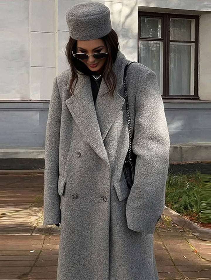 Levoire | Manteau Caban Long Double Boutonnage Poches Col Revers Manches Longues Femme Décontracté Oversize Mélange-Manteau