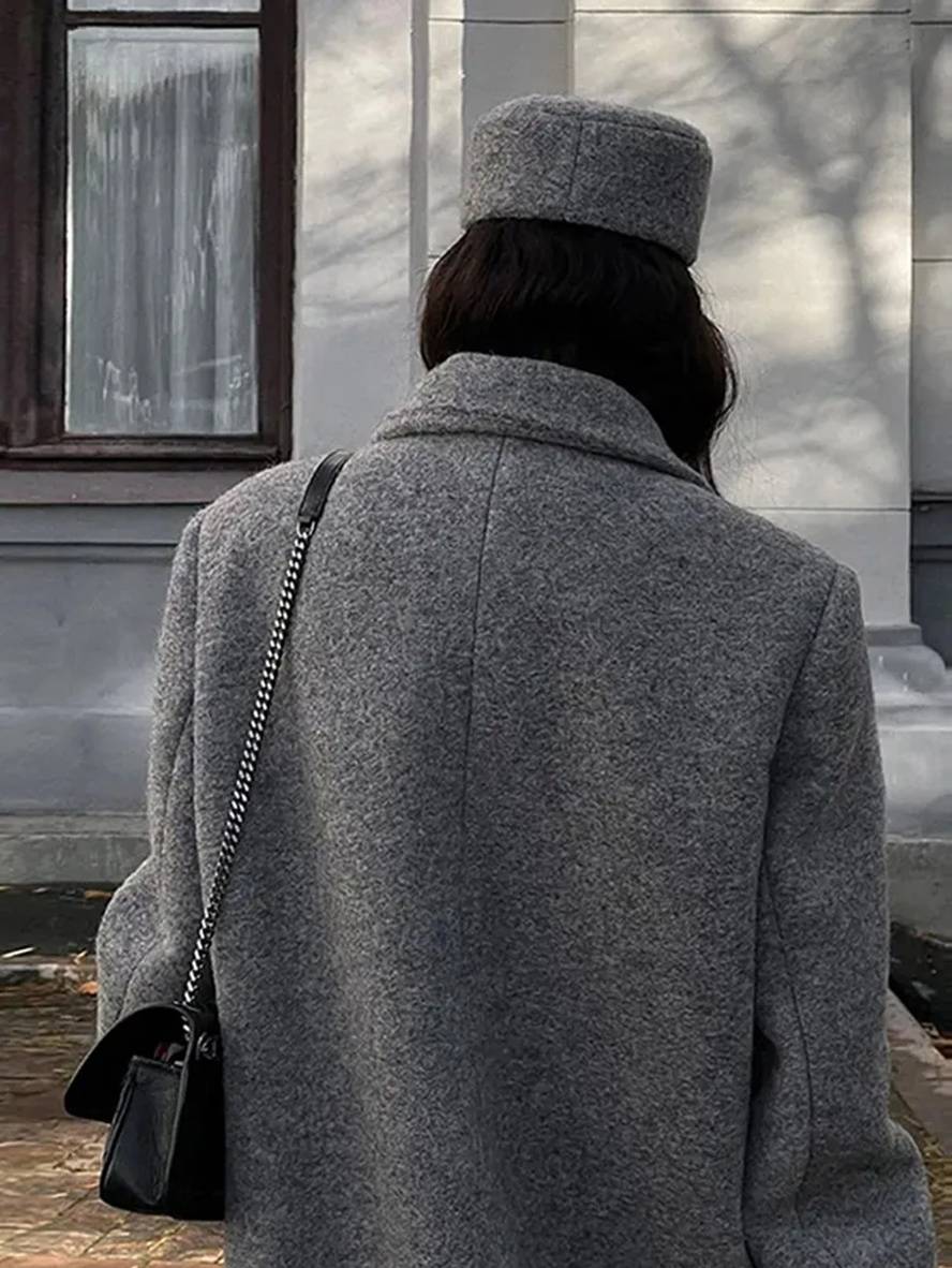 Levoire | Manteau Caban Long Double Boutonnage Poches Col Revers Manches Longues Femme Décontracté Oversize Mélange-Manteau