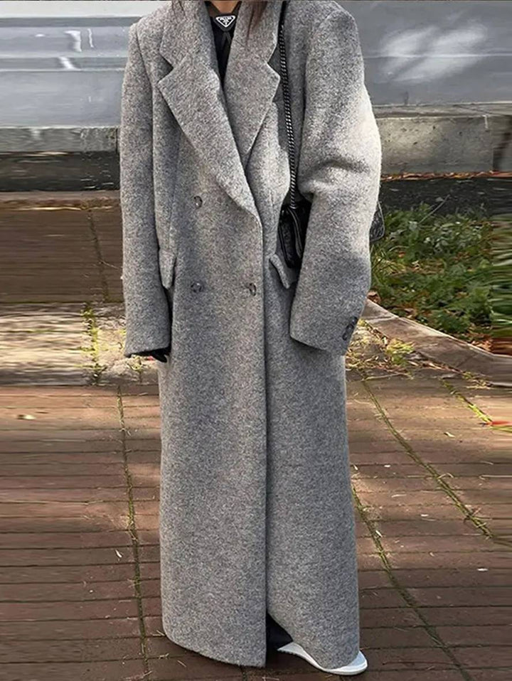 Levoire | Manteau Caban Long Double Boutonnage Poches Col Revers Manches Longues Femme Décontracté Oversize Mélange-Manteau