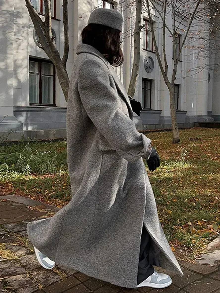 Levoire | Manteau Caban Long Double Boutonnage Poches Col Revers Manches Longues Femme Décontracté Oversize Mélange-Manteau