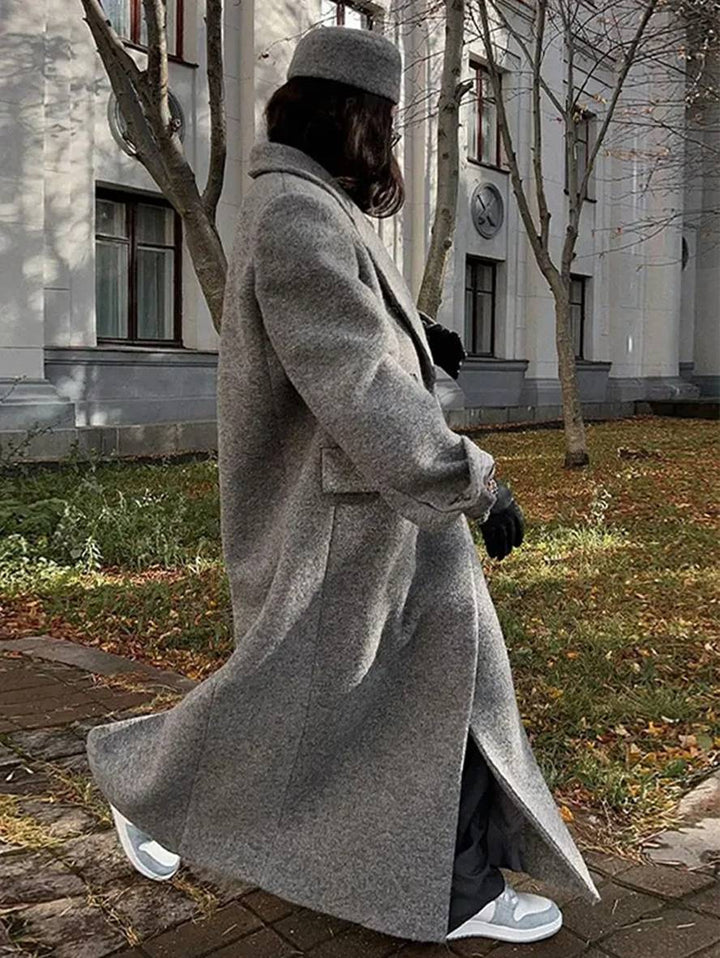 Levoire | Manteau Caban Long Double Boutonnage Poches Col Revers Manches Longues Femme Décontracté Oversize Mélange-Manteau