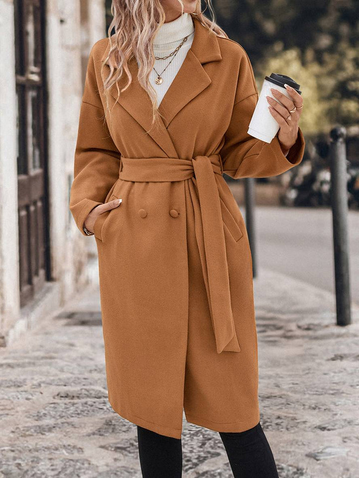 Levoire | Manteau Plus Long En Laine Double Fermeture À Boutons Poches Ceinture Col À Revers Femme Élégant Décontracté Large Cabans Chameau