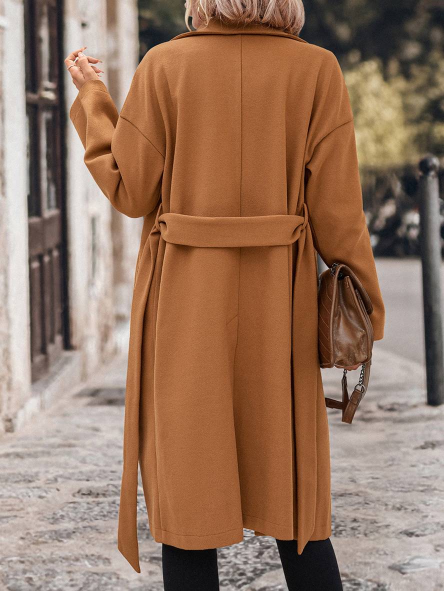 Levoire | Manteau Plus Long En Laine Double Fermeture À Boutons Poches Ceinture Col À Revers Femme Élégant Décontracté Large Cabans