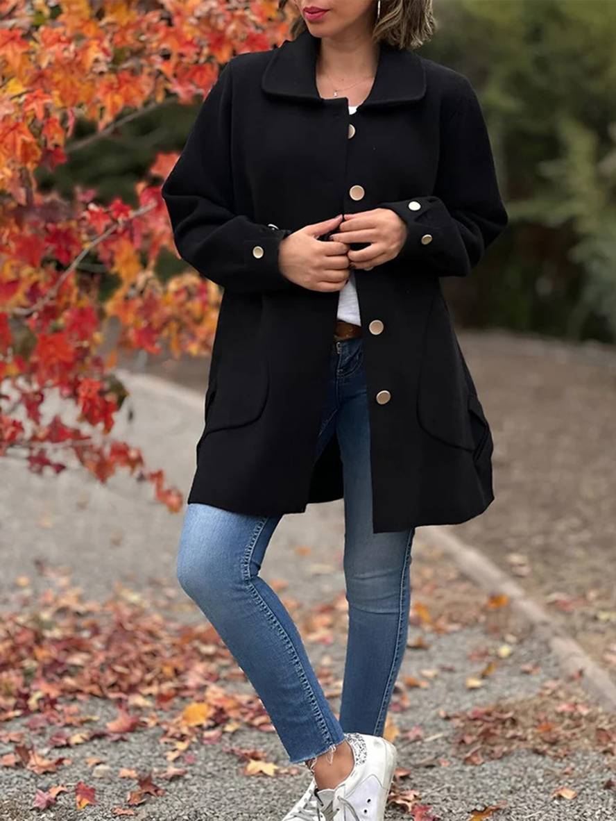Levoire | Manteau Mi-Long En Laine Unie Avec Nœud, Patte De Boutonnage, Poches, Col À Revers Pour Femmes, Élégante, Décontractée, Veste Noir