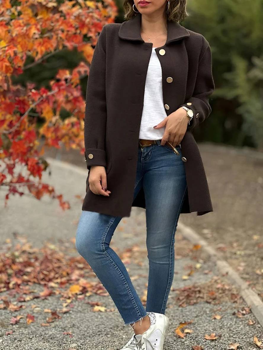 Levoire | Manteau Mi-Long En Laine Unie Avec Nœud, Patte De Boutonnage, Poches, Col À Revers Pour Femmes, Élégante, Décontractée, Veste Braun