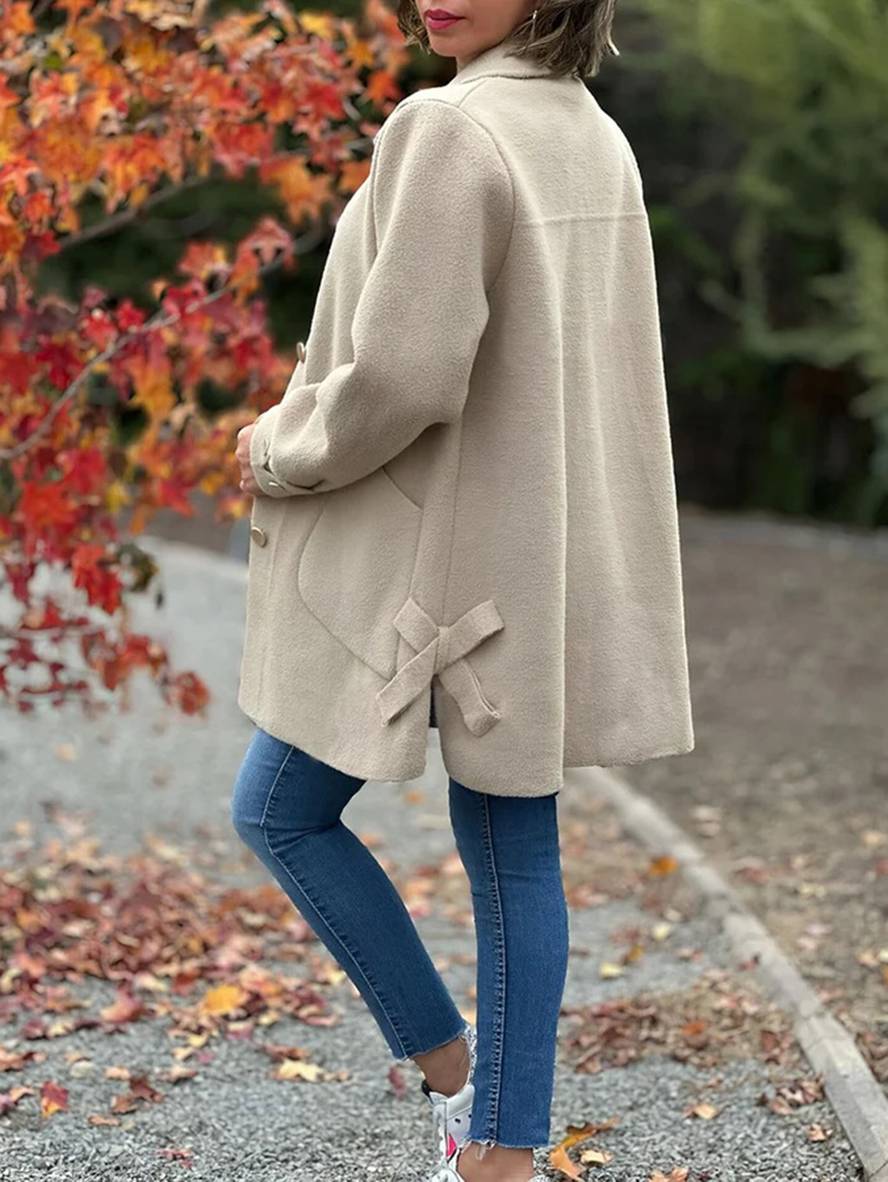 Levoire | Manteau Mi-Long En Laine Unie Avec Nœud, Patte De Boutonnage, Poches, Col À Revers Pour Femmes, Élégante, Décontractée, Veste