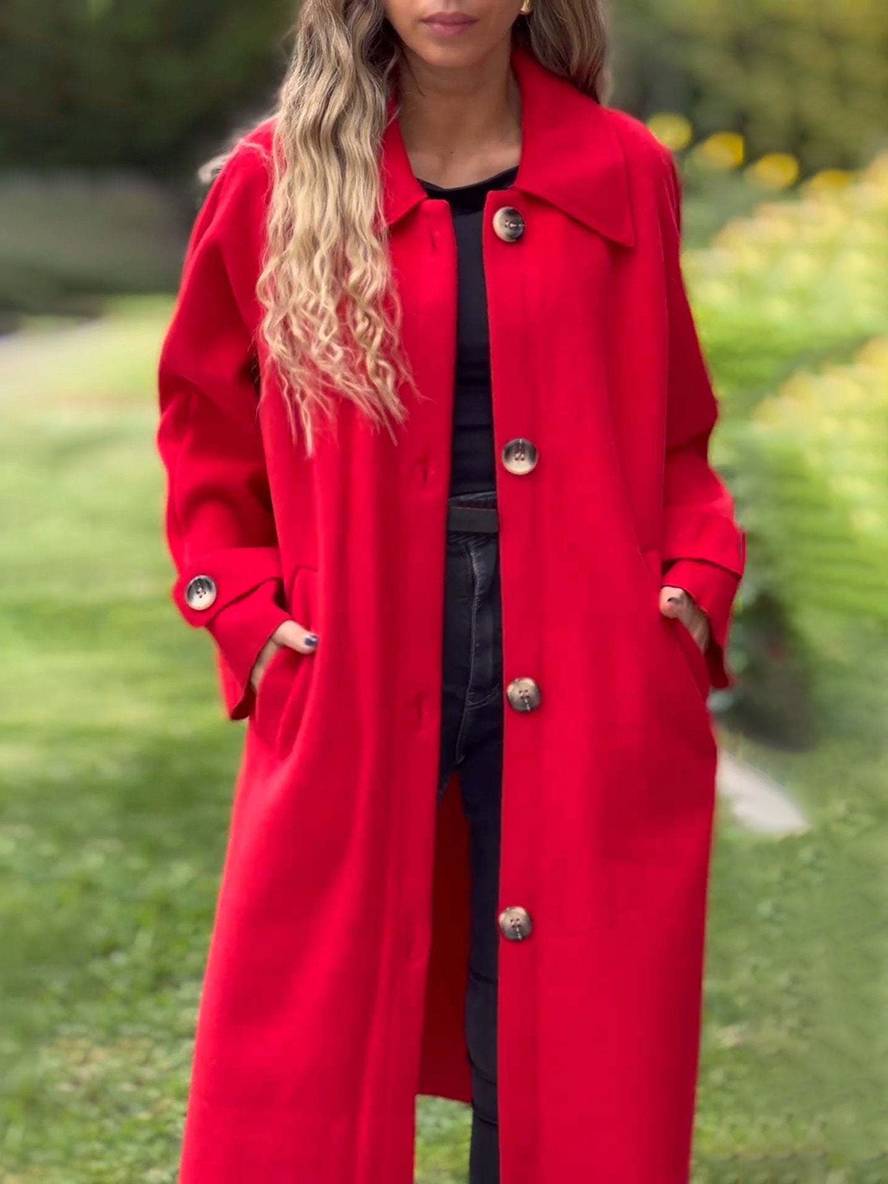 Levoire | Manteau Mi-Long Uni Boutons Poches Manches Longues Dames Élégant Décontracté Large Veste Rot