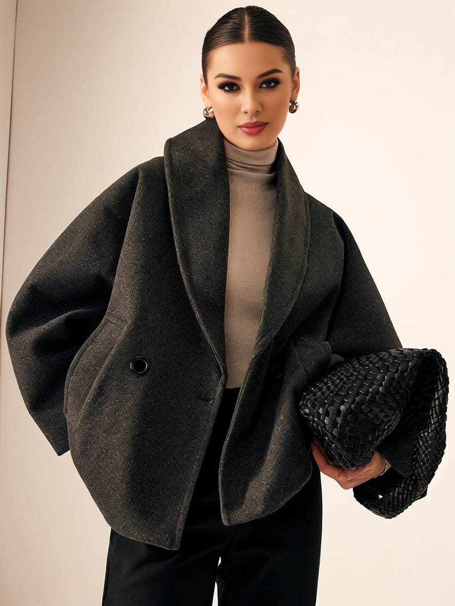 Levoire | Manteau En Laine Avec Boutons Poches Col À Revers Manches Chauve-Souris Manches Longues Femme Élégante Décontractée Veste De Loisirs Gris