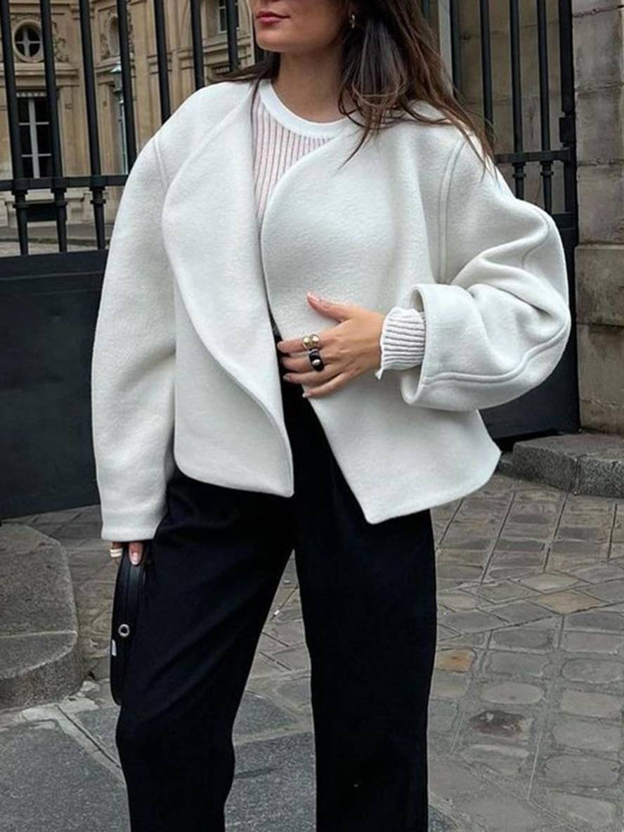 Levoire | Manteau Court Élégant De Loisirs En Laine Uni Avec Col À Revers, Manches Longues Pour Femmes, Veste Ample Blanche